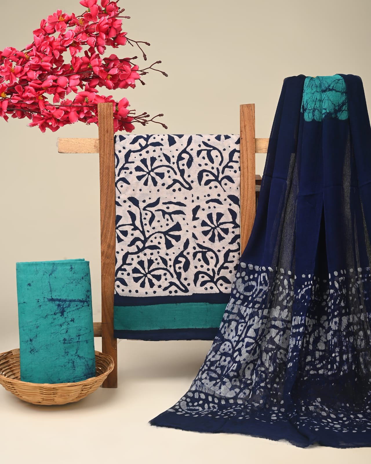 ram green blue shibori handblock printed cotton dress material with chiffon dupatta wholesale India boutique fabric sourcing Fabtexs